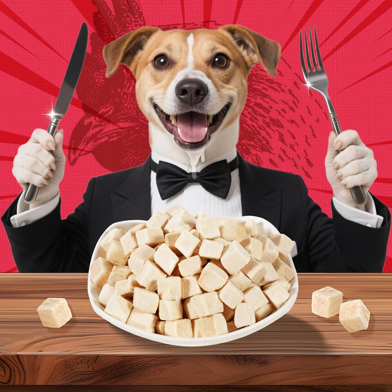 Just Try raw single ingredient chicken treats poured as food topper on pet food bowl