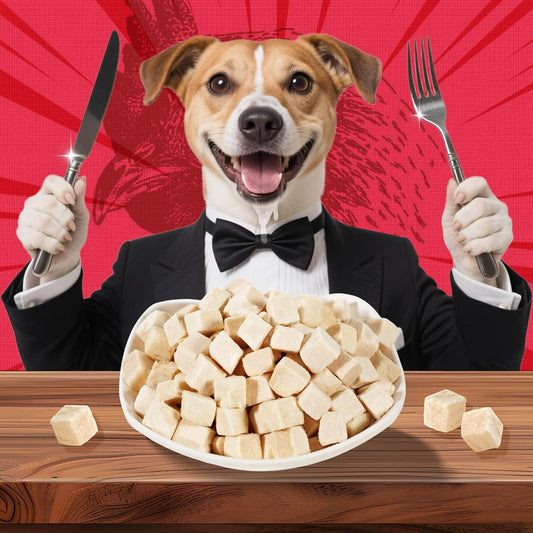 Just Try raw single ingredient chicken treats poured as food topper on pet food bowl