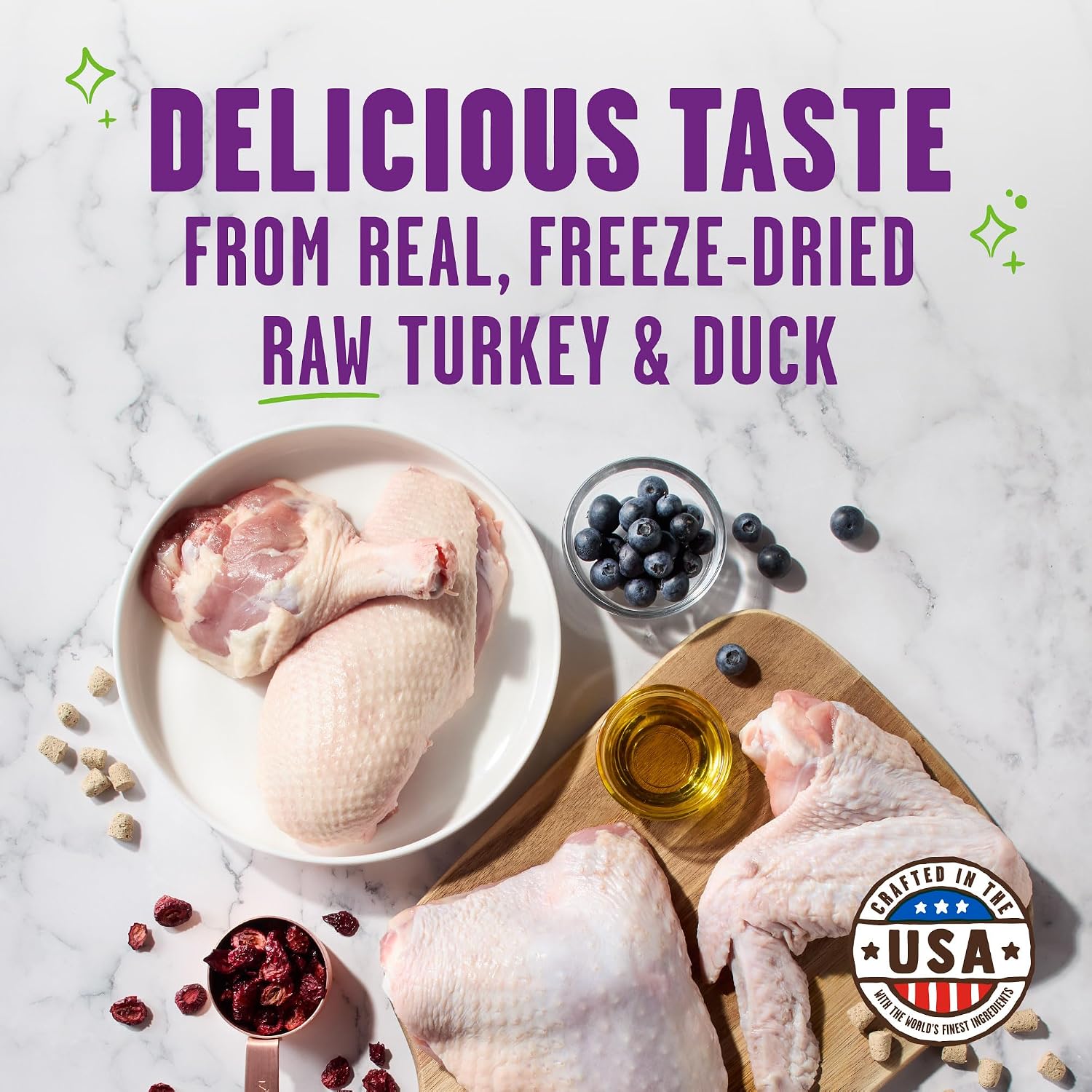 Premium turkey and duck cat food rewards showing the salmon oil skin benefit icon