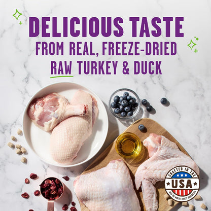 Premium turkey and duck cat food rewards showing the salmon oil skin benefit icon