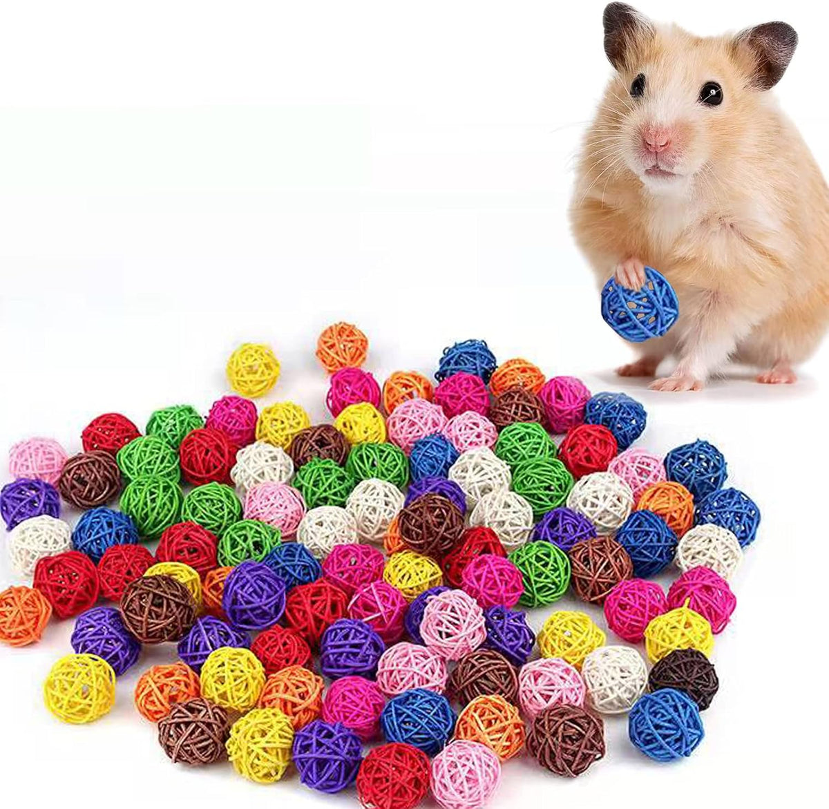 Handheld view showing scale of 3cm rattan chew ball for small birds