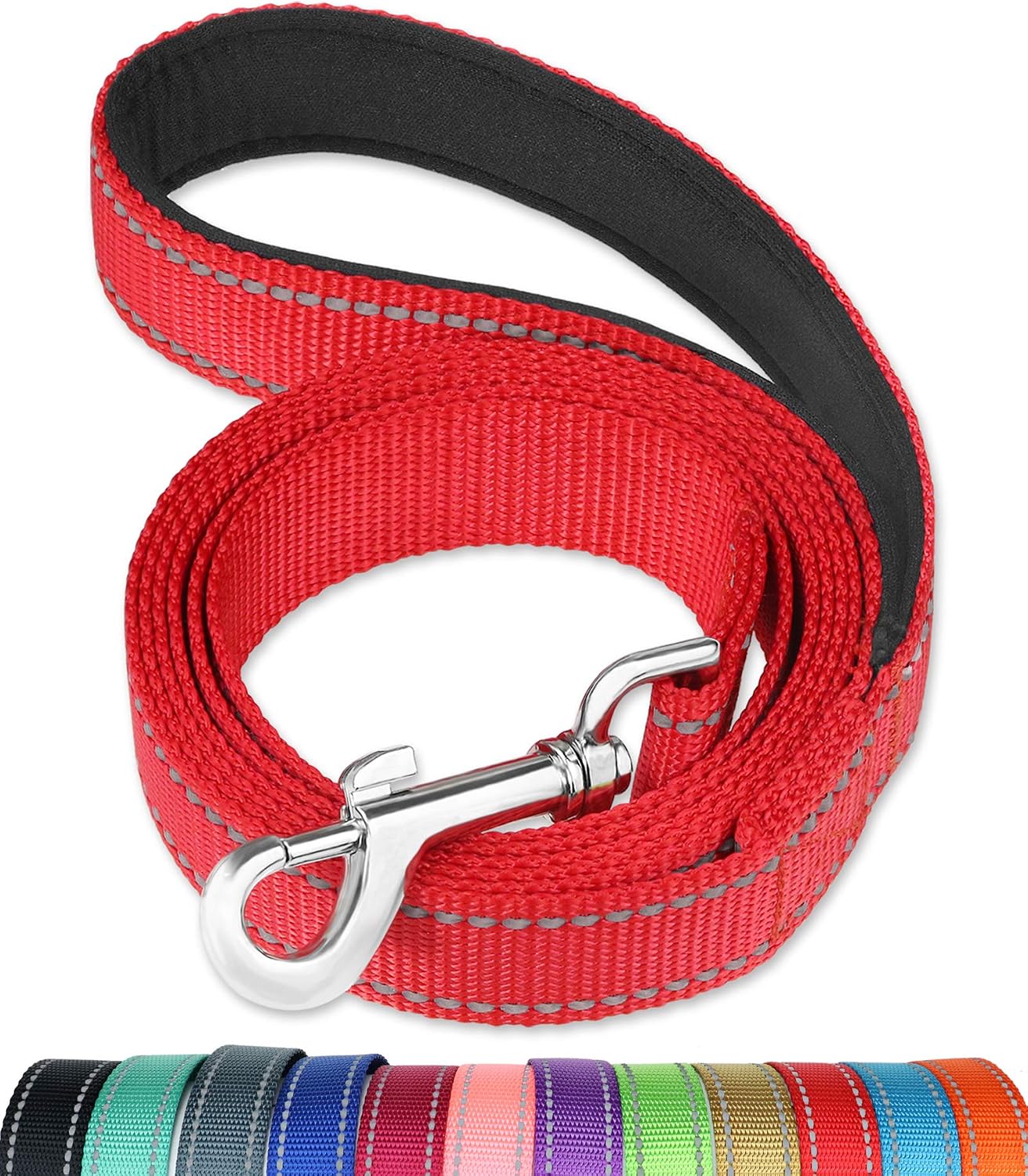 FunTags reflective dog leash front view showing the vibrant red color.