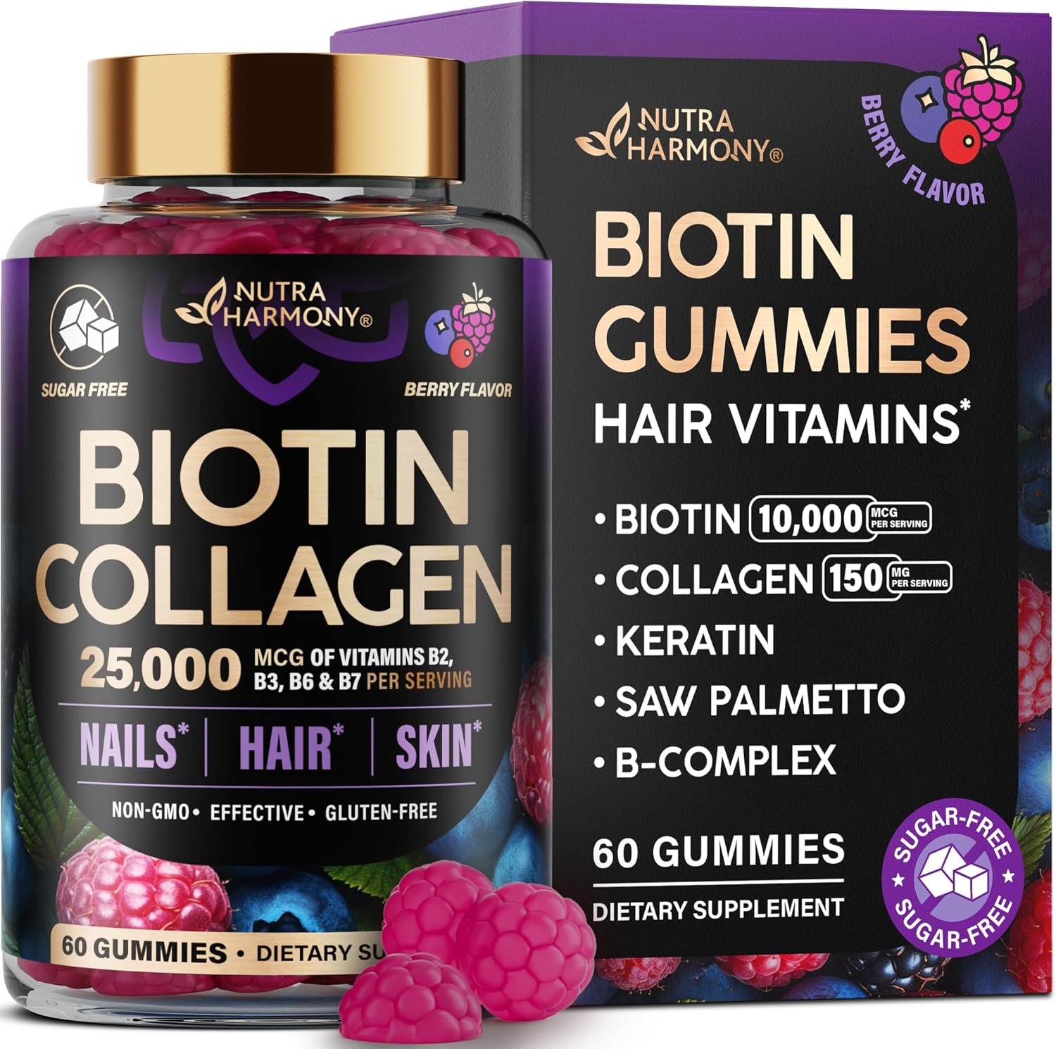 Nutraharmony Biotin Collagen Gummies 60 count front bottle view for hair growth support.