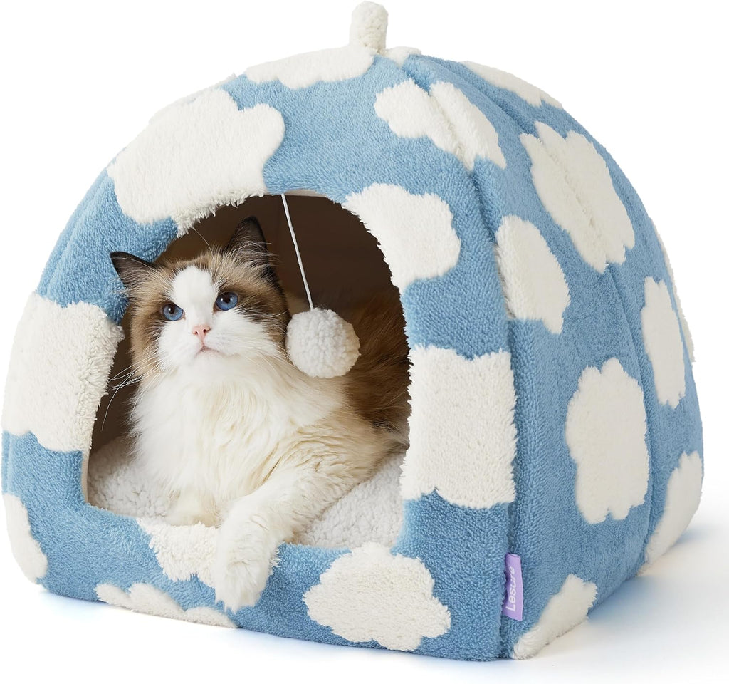 Lesure Cute Cat Beds for Indoor Cats - 2 in 1 Cat Cave Bed for Kittens and Small Pets with Removable Washable Cushioned Pillow, Cozy Kitten Tent with Non-Slip Bottom, Blue, 16 inches - Image 14