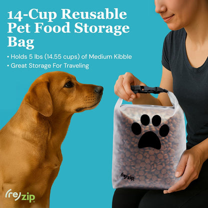 Rezip reusable kibble bag showing triple roll top seal