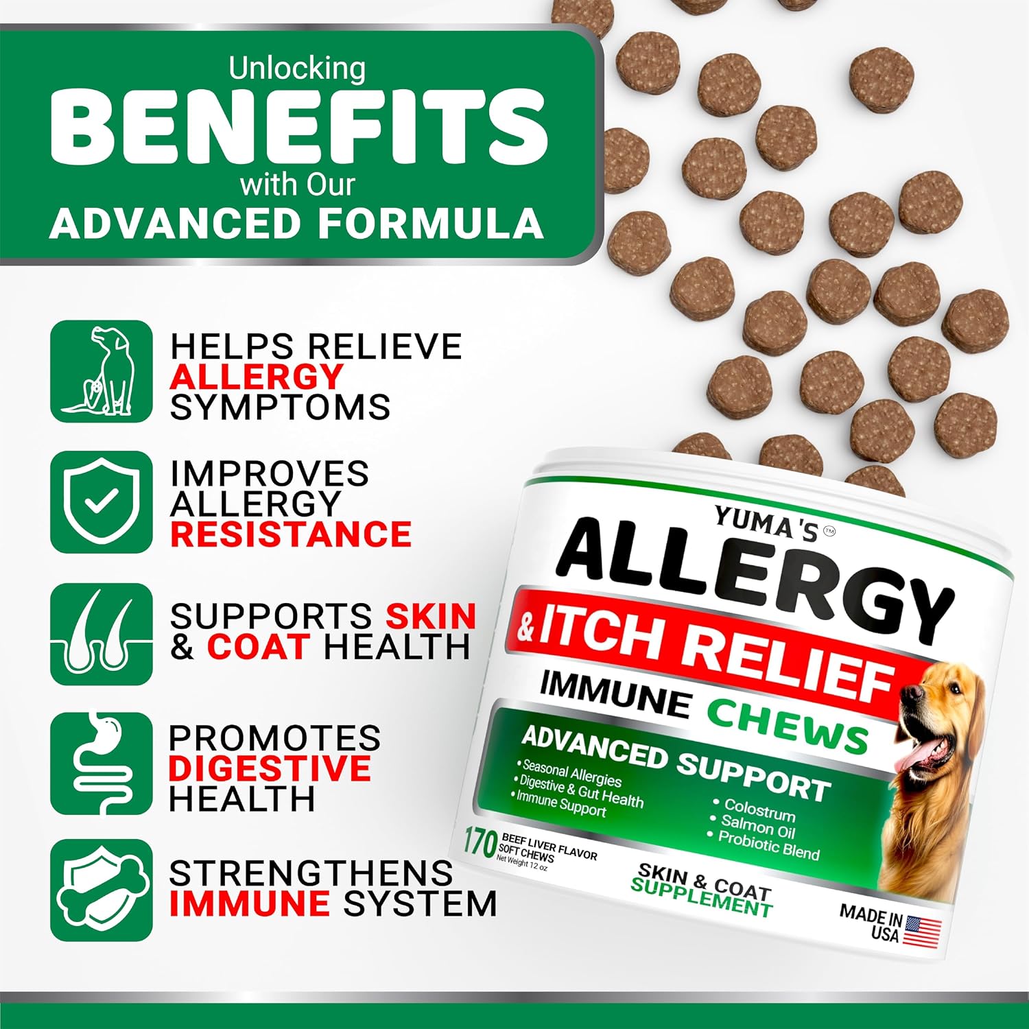 Dog skin and coat supplement soft chews in beef liver flavor