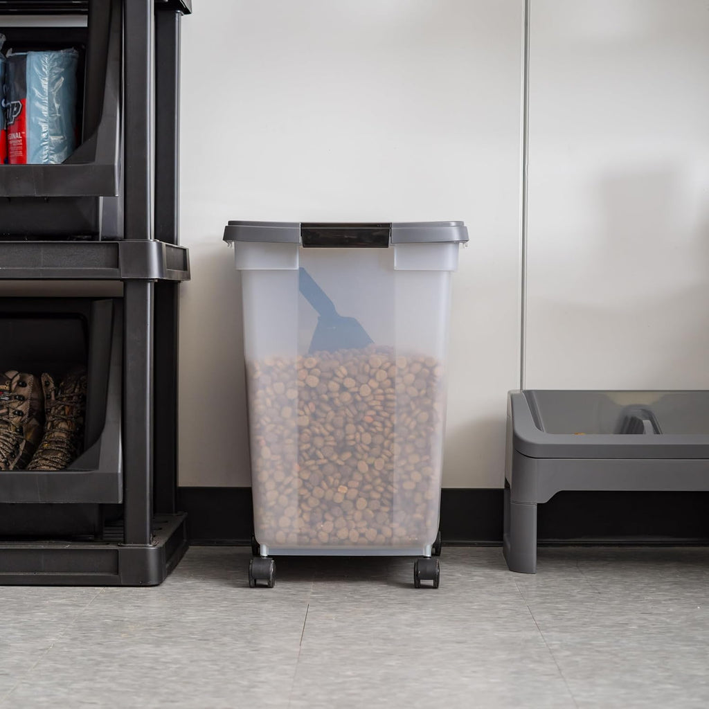 Translucent pet food storage bin showing contents