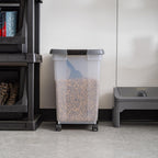 Translucent pet food storage bin showing contents