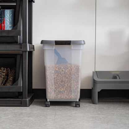 Translucent pet food storage bin showing contents
