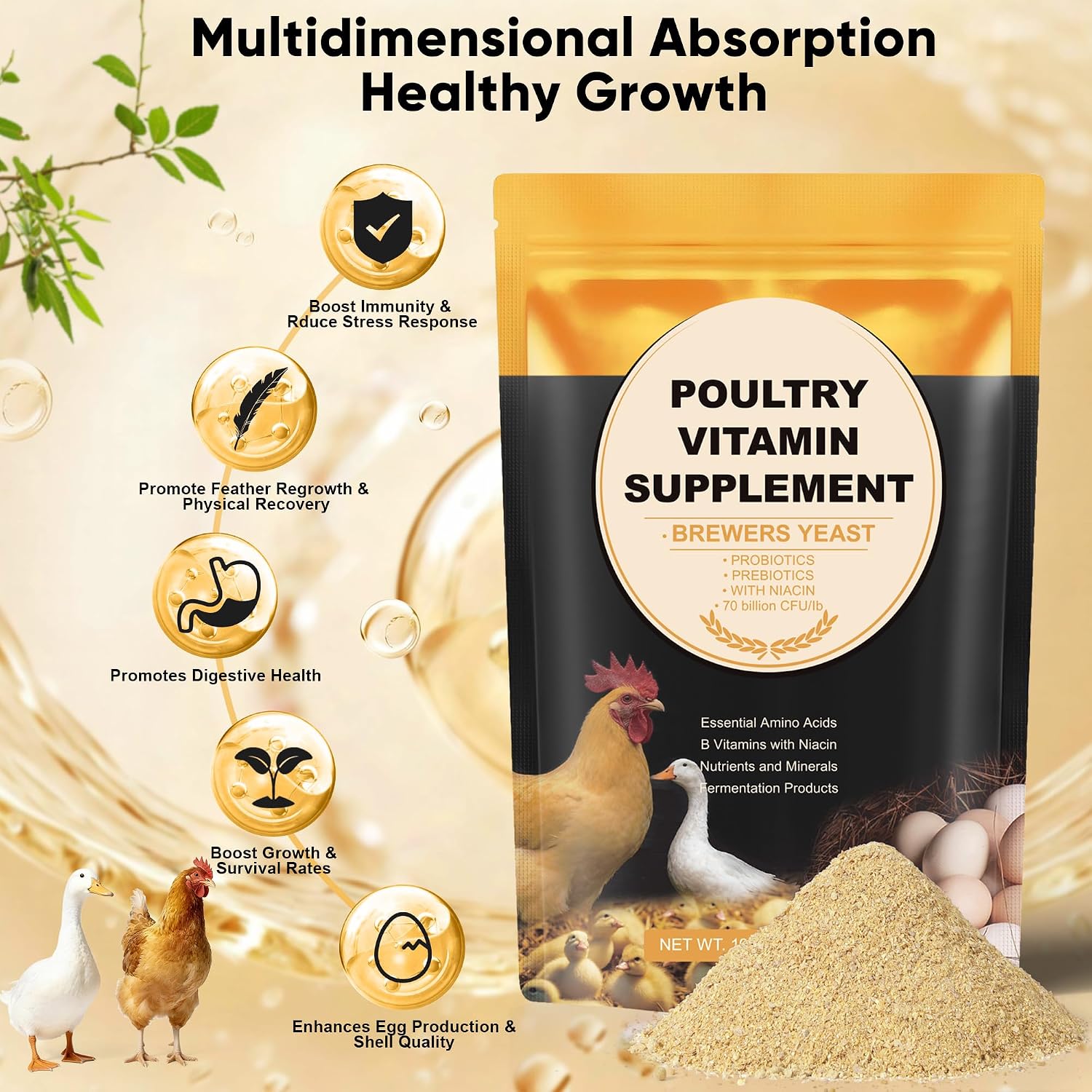 Premium poultry powder with niacin and probiotics for ducks and chickens