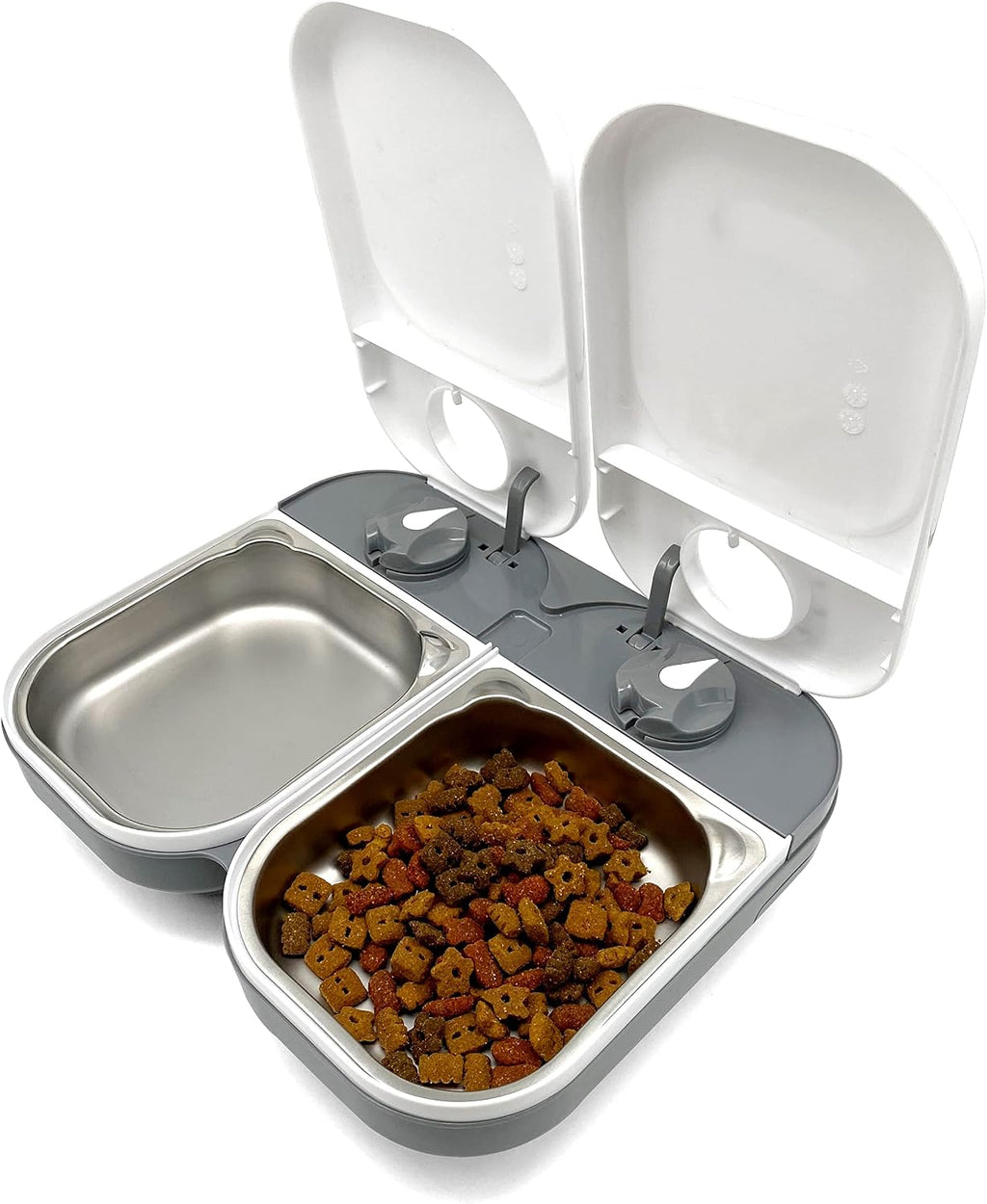 Closer Pets C200 automatic pet feeder front view showing dual meal compartments