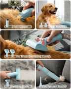 PETGUGU pet vacuum showing the seven in one attachment kit including electric clipper and deshedding brush