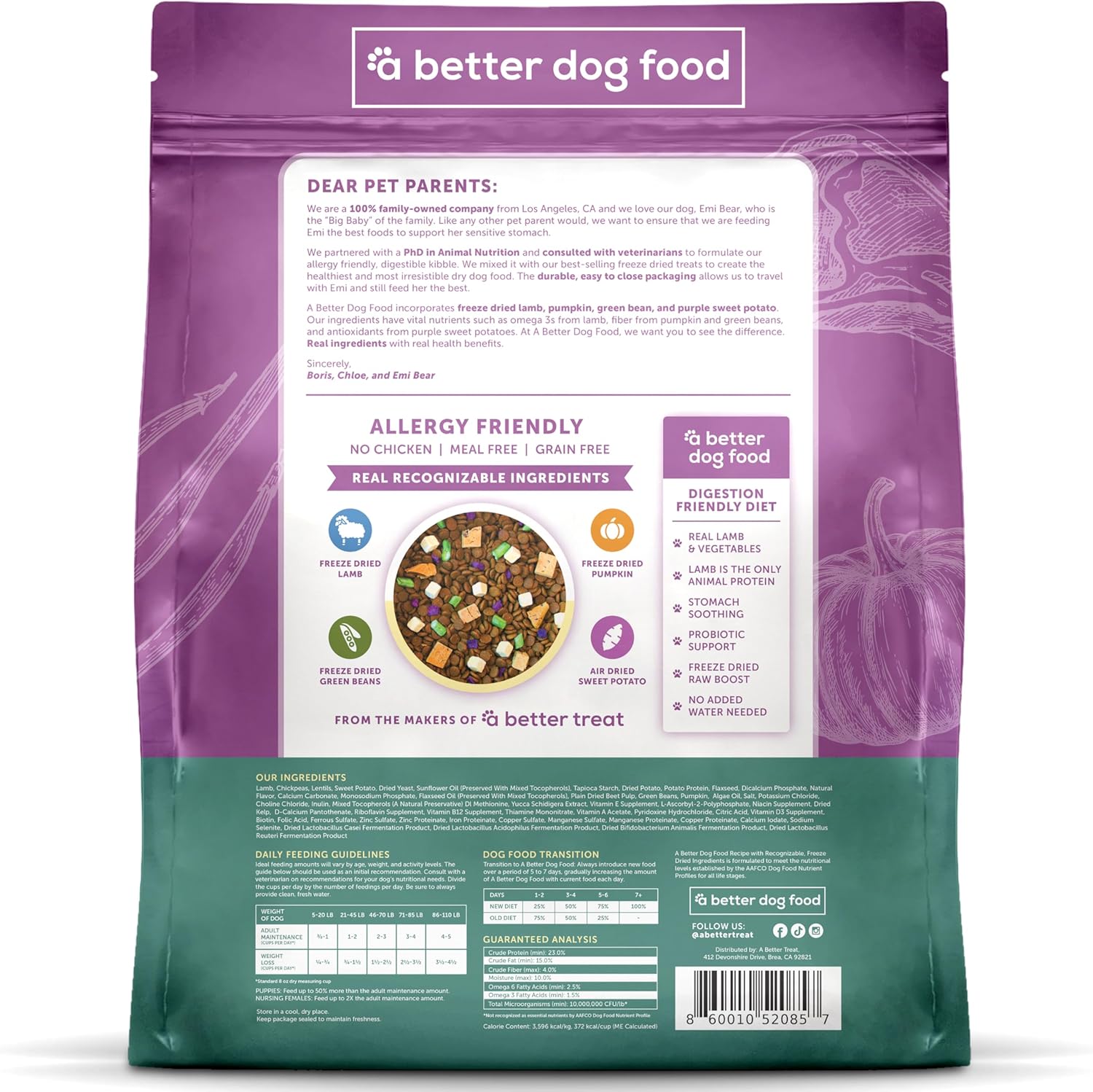 A Better Treat allergy friendly dog food nutritional information