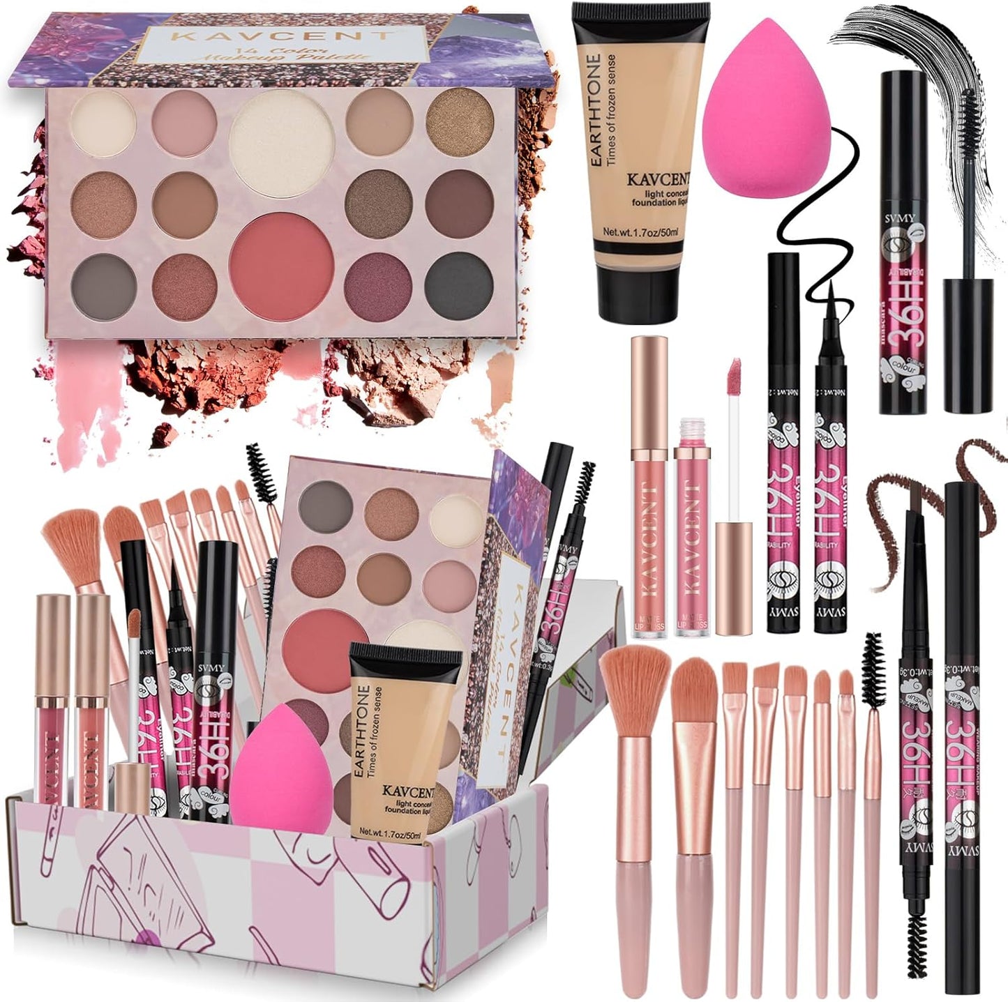 KAVCENT All In One Makeup Kit front view showing open eyeshadow palette and cosmetic contents