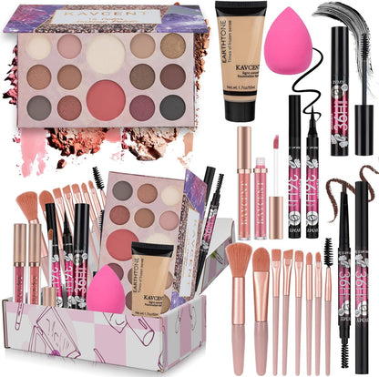 KAVCENT All In One Makeup Kit front view showing open eyeshadow palette and cosmetic contents