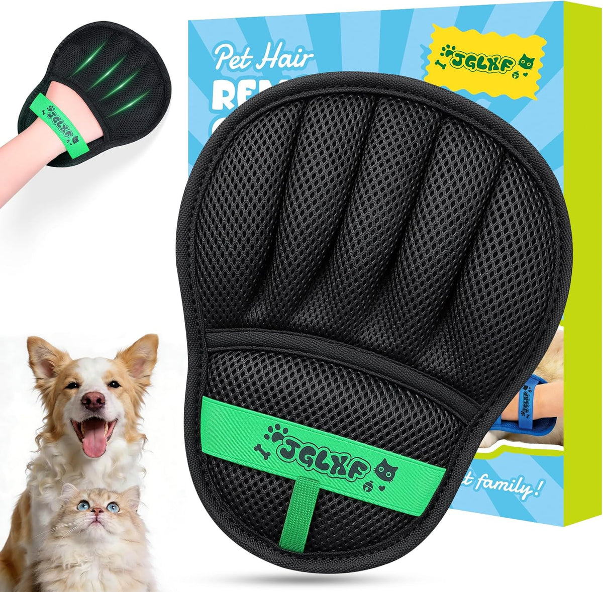 JGLXF pet hair removal glove front view for furniture cleaning