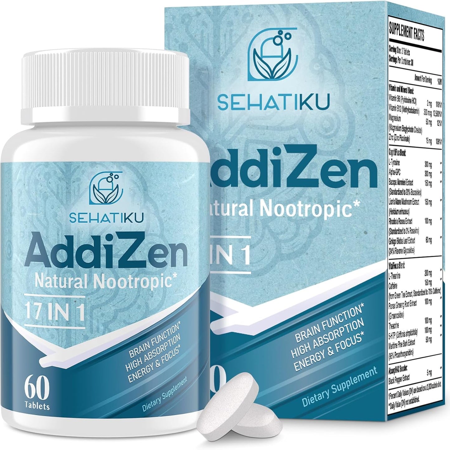 SehatiKu AddiZen Seventeen in One Nootropic Brain Support front view bottle on white background