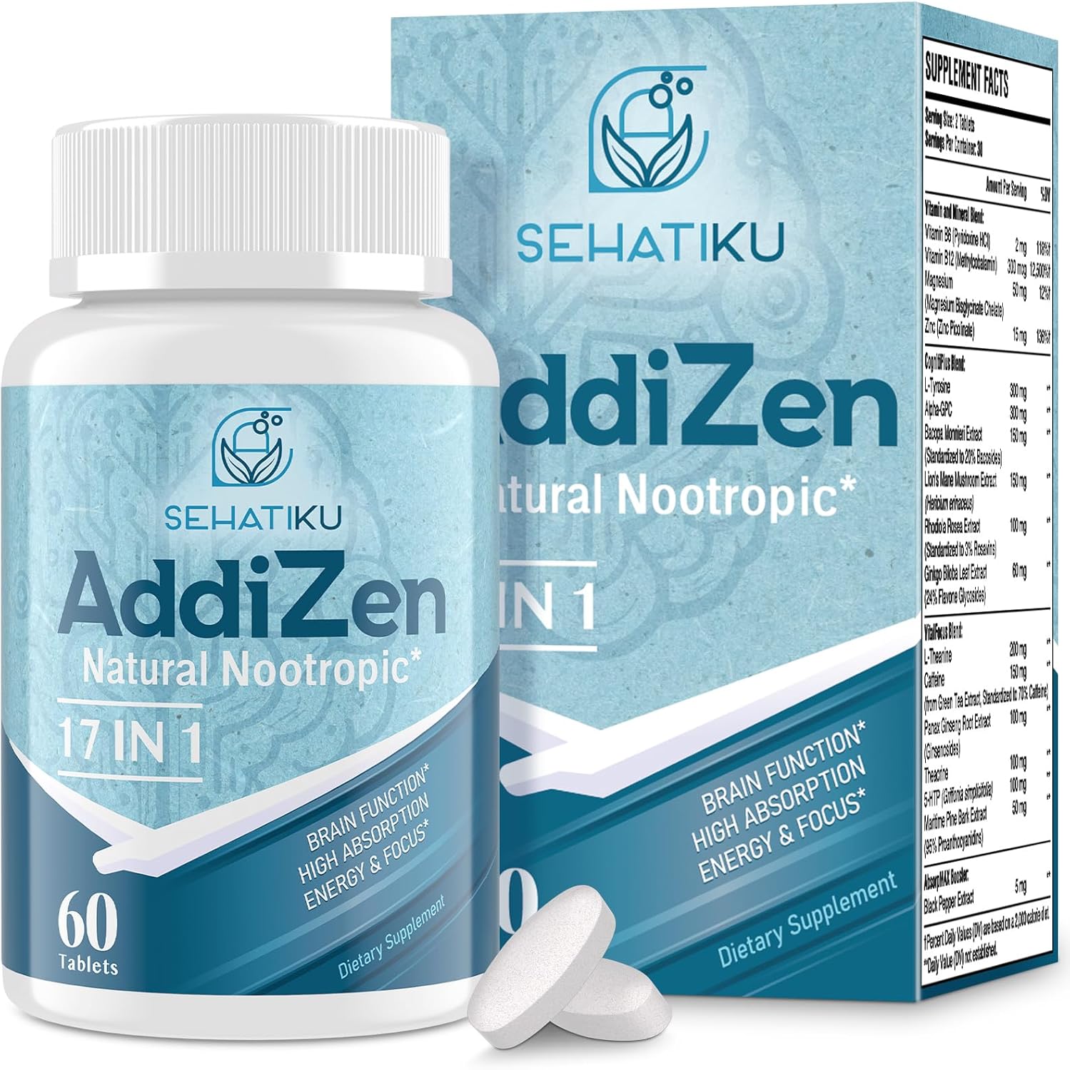 SehatiKu AddiZen Seventeen in One Nootropic Brain Support front view bottle on white background
