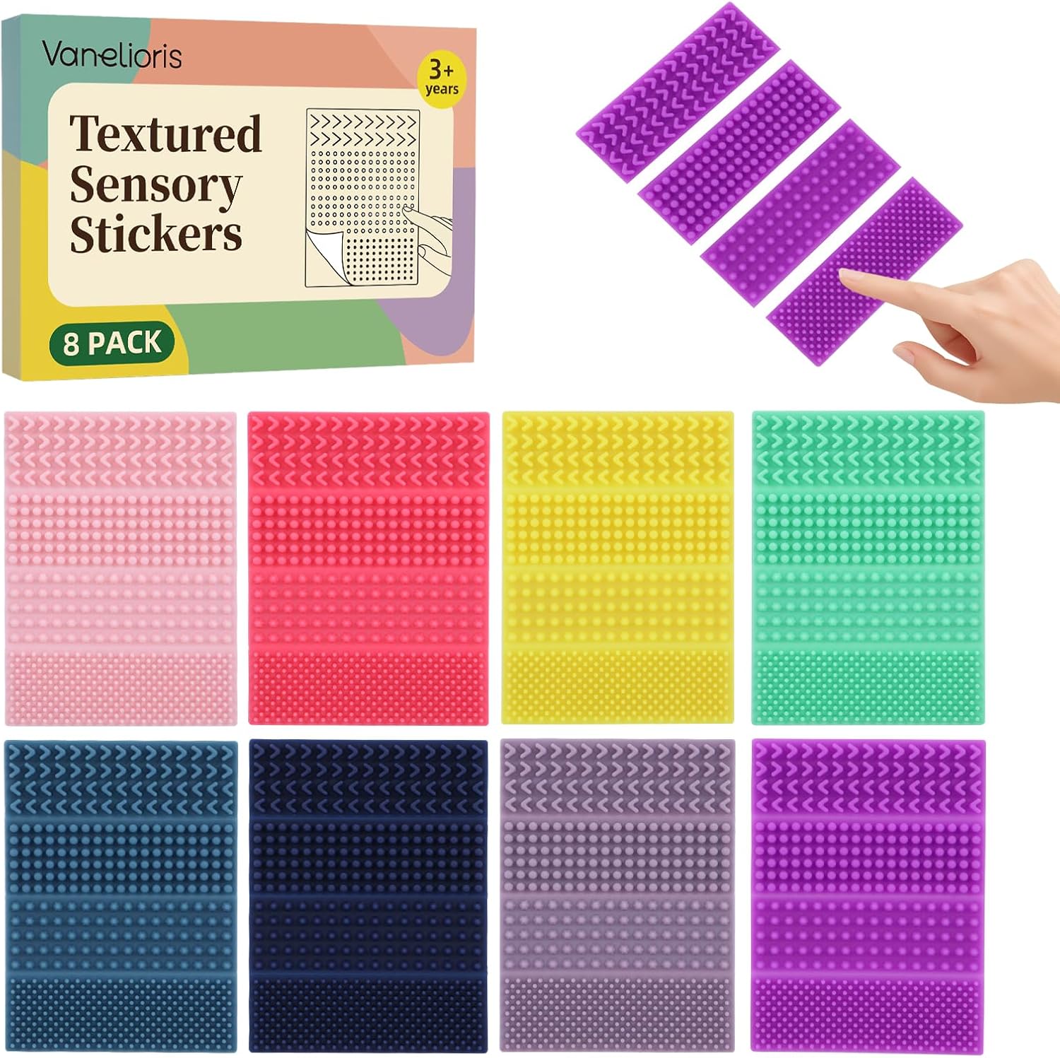 Vanelioris sensory stickers front view showing eight colorful textured silicone calm strips side by side.