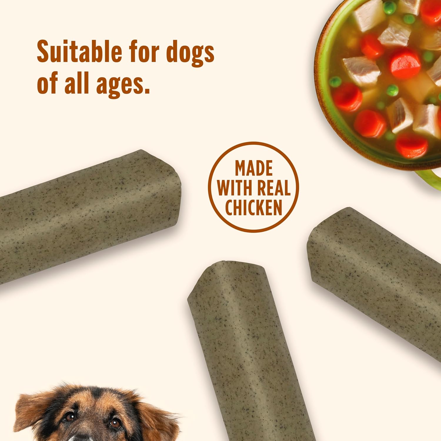 Resealable eleven count bag of savory long lasting dog chews
