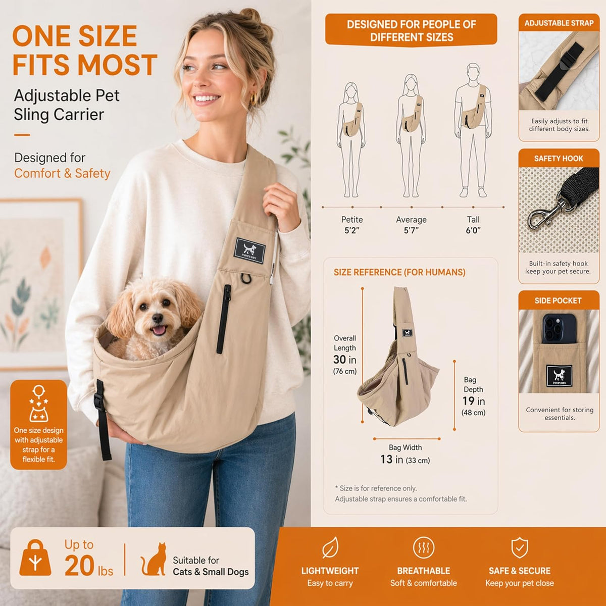 Pawpubby dog sling showing adjustable padded strap