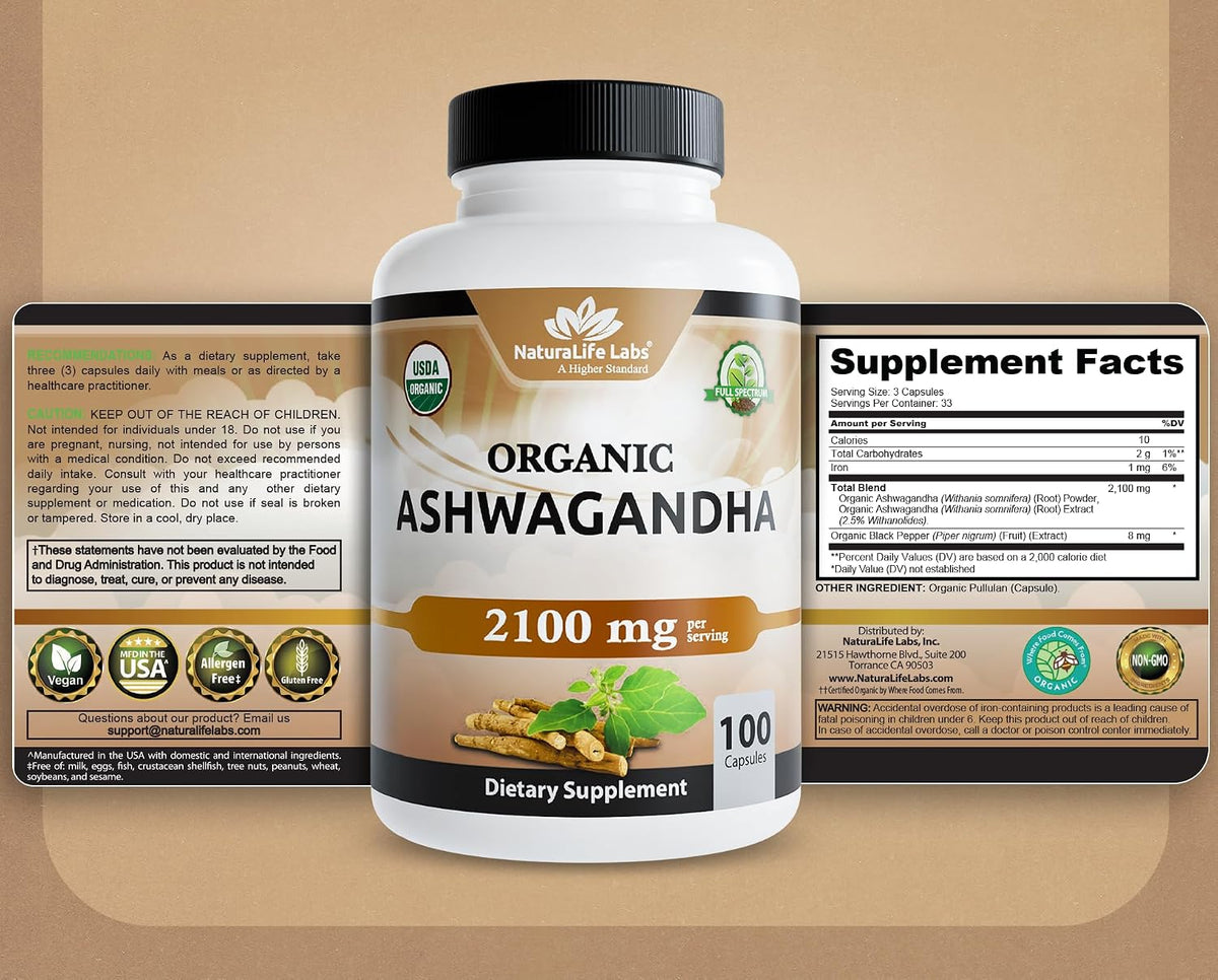 NaturaLife Labs Organic Ashwagandha 2100 mg per Serving - Full Spectrum Root Powder and Standardized Extract (Withanolides) - 100 Capsules - Vegan - Non-GMO, Gluten-Free - Image 8