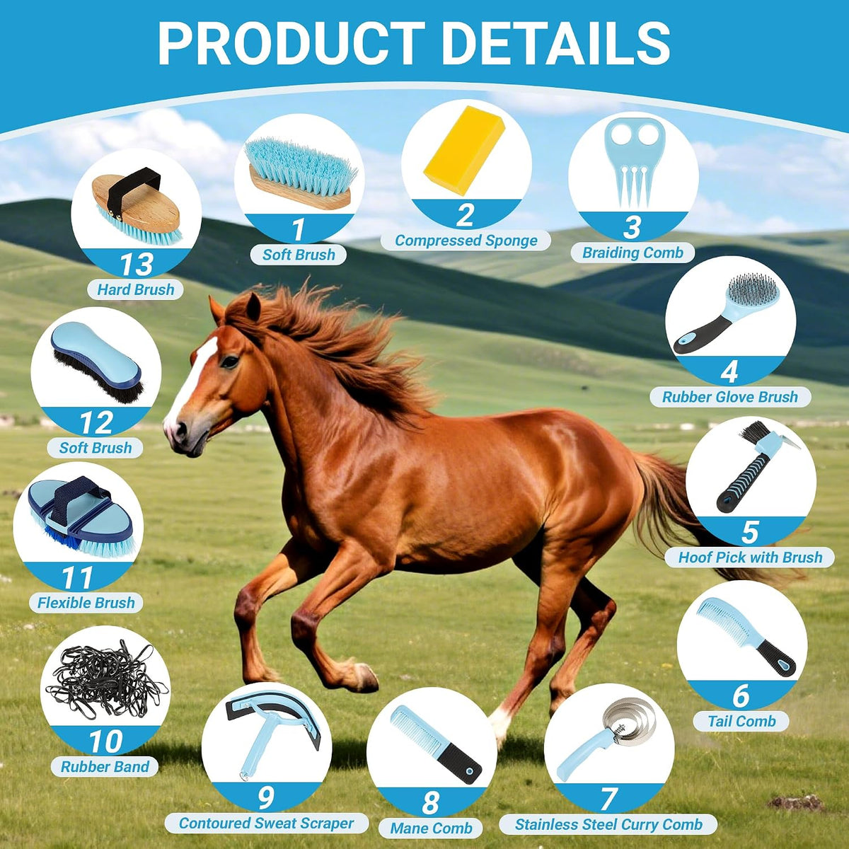 Close-up view of the Rouisxue horse brushes including the soft face brush, flexible body brush, and silicone curry comb for equine grooming.