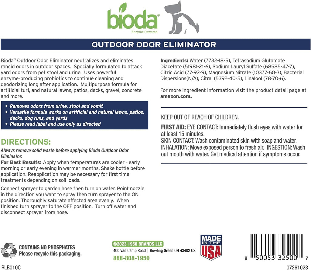 Bioda eco-friendly pet stain and odor remover bottle standing on an outdoor brick pathway.