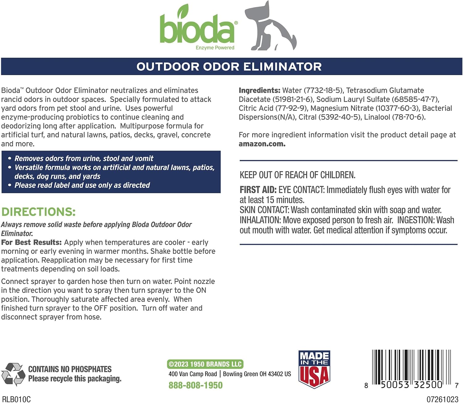 Bioda eco-friendly pet stain and odor remover bottle standing on an outdoor brick pathway.