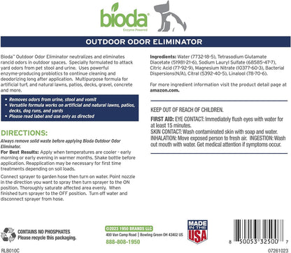 Bioda eco-friendly pet stain and odor remover bottle standing on an outdoor brick pathway.