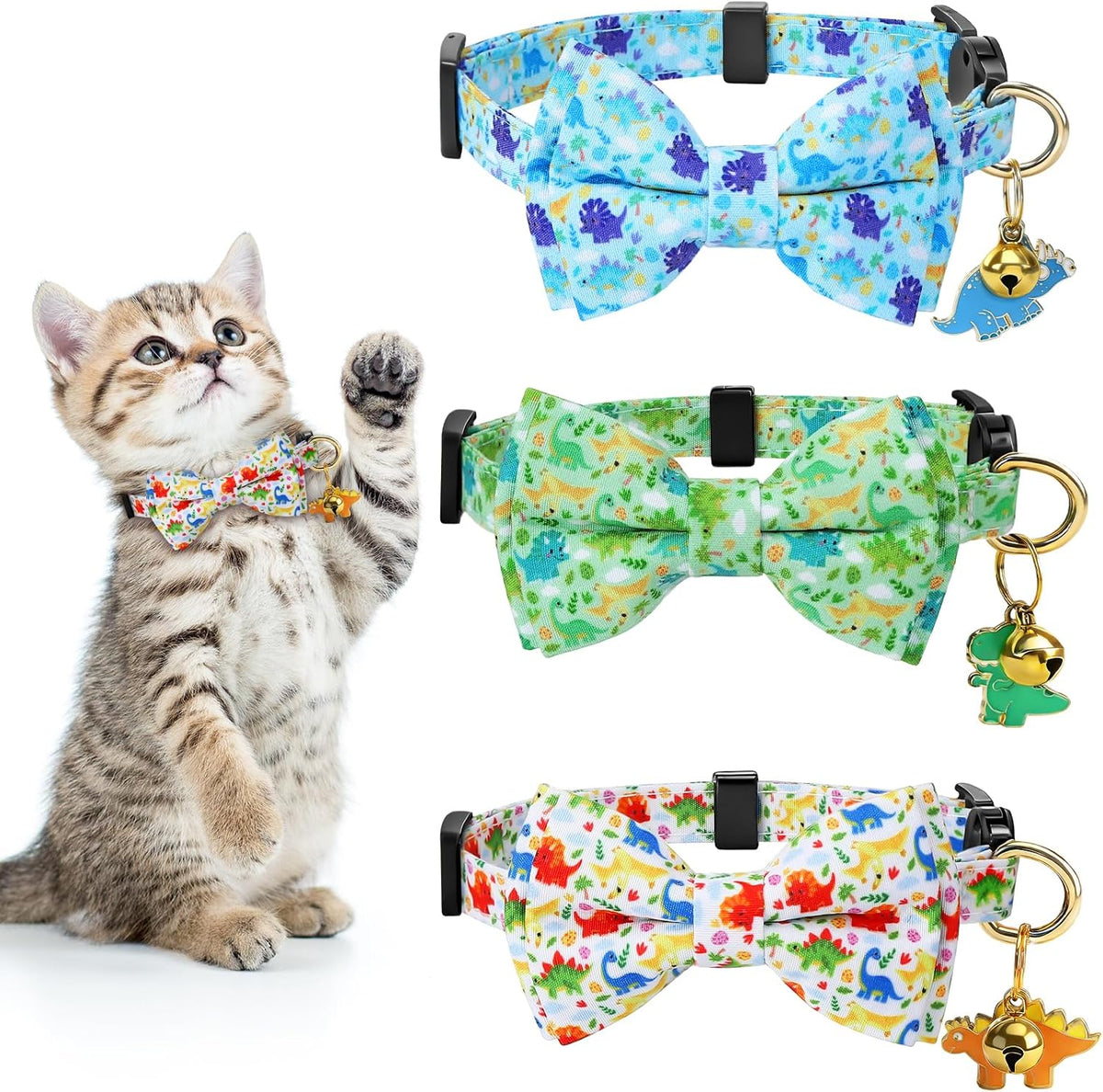 A small puppy wearing the blue dinosaur pattern version of the adjustable safety buckle collar.