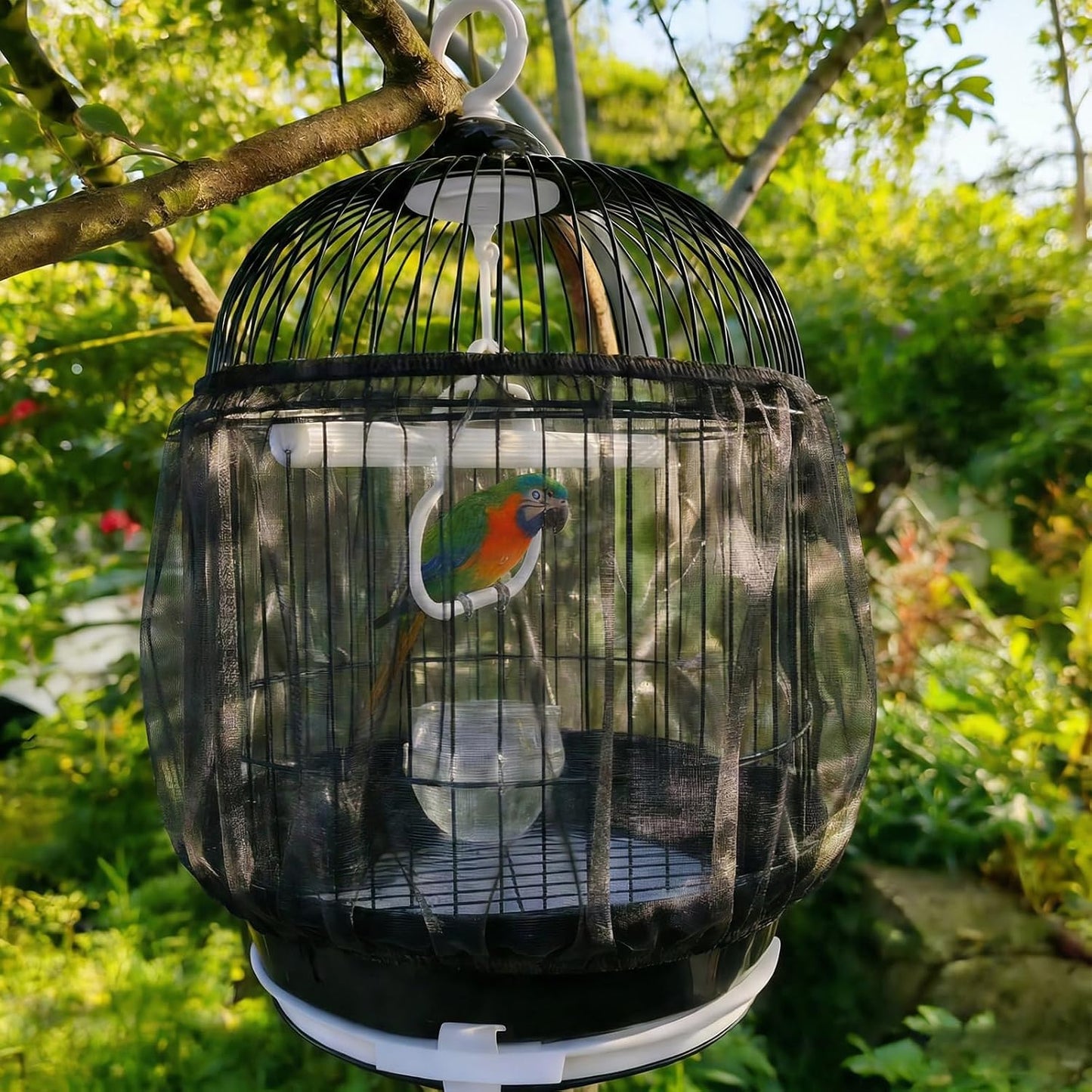 Two pieces of black birdcage net accessories laid flat showcasing dimensions and stretchable perimeter
