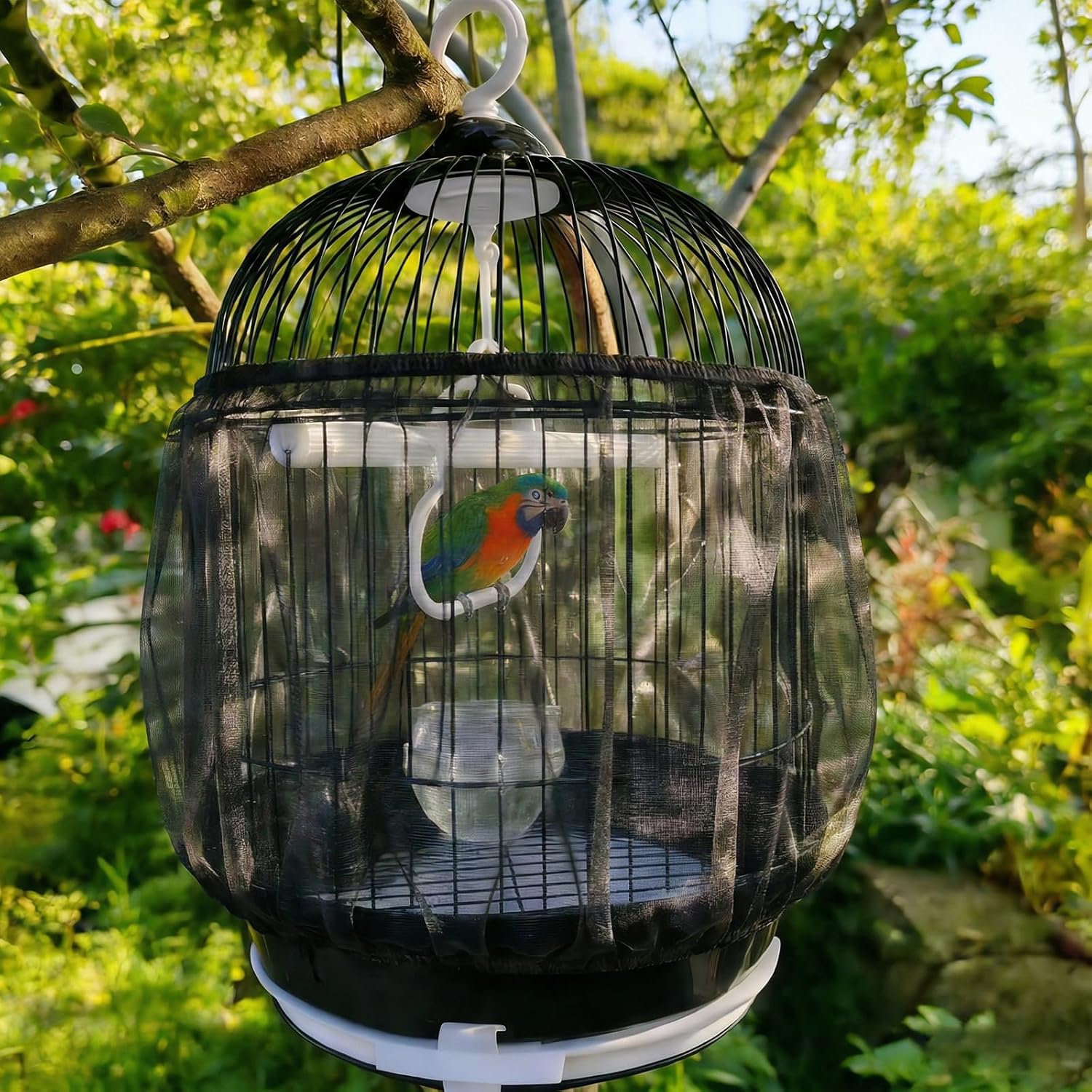 Two pieces of black birdcage net accessories laid flat showcasing dimensions and stretchable perimeter