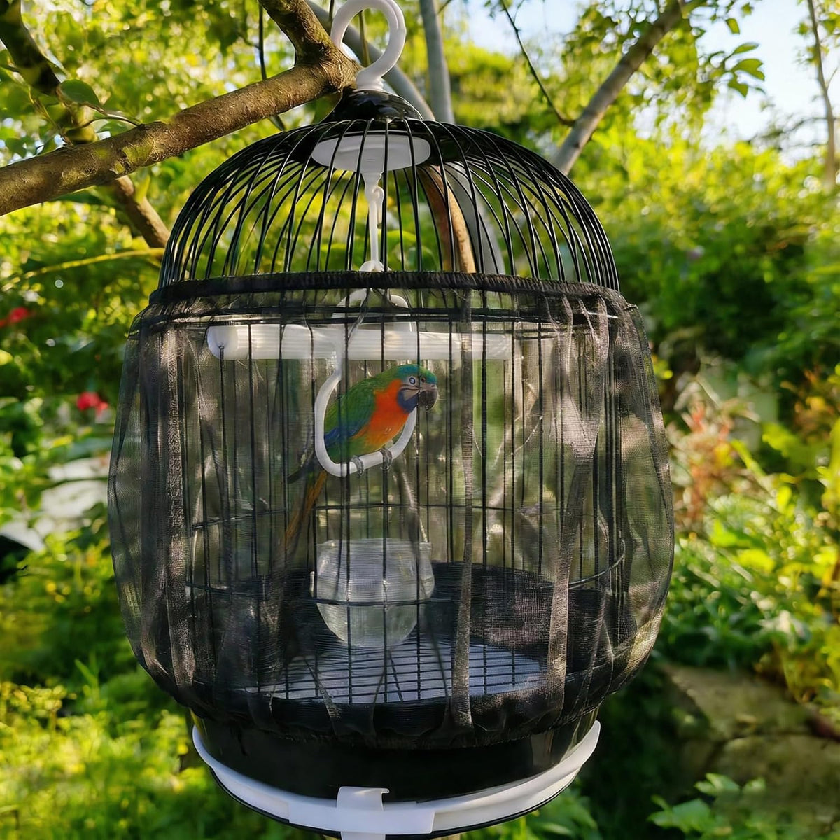 Bird cage seed catcher installed around a parrot enclosure protecting surrounding floors