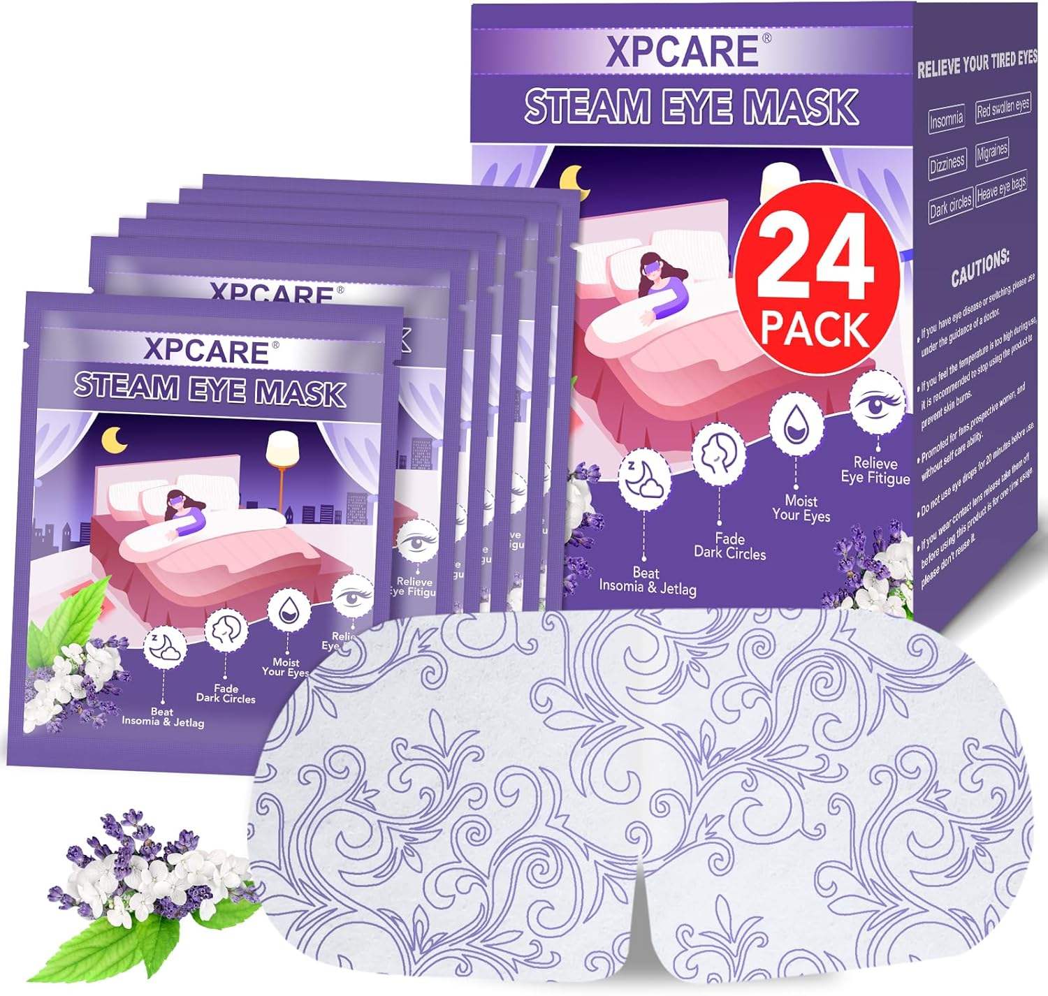 XPCARE Steam Eye Masks 24 Pack front view showing lavender packaging