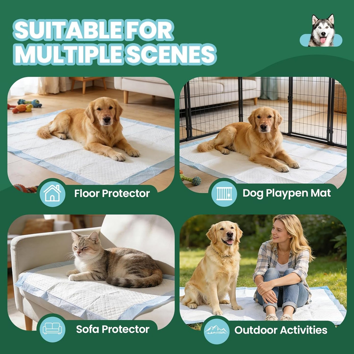 Six layer leak proof doggie pads detailing the super absorbent polymer material layers.