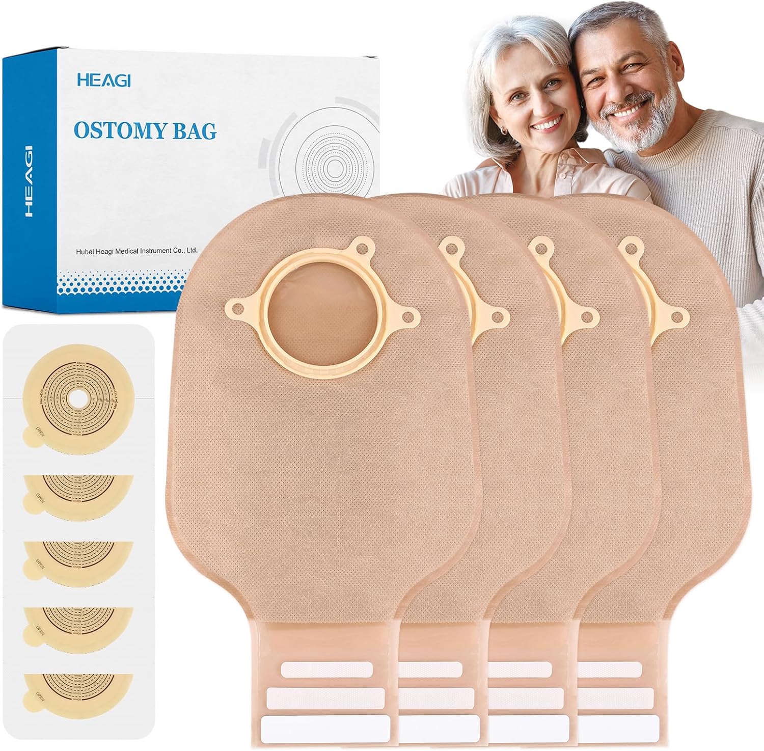 Heagimed two piece drainable ostomy supplies kit front view showing bags and skin barriers