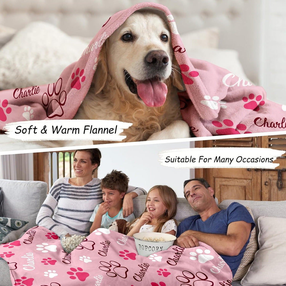 GlisterGlow custom picture pet blanket being used inside a dog crate for comfort