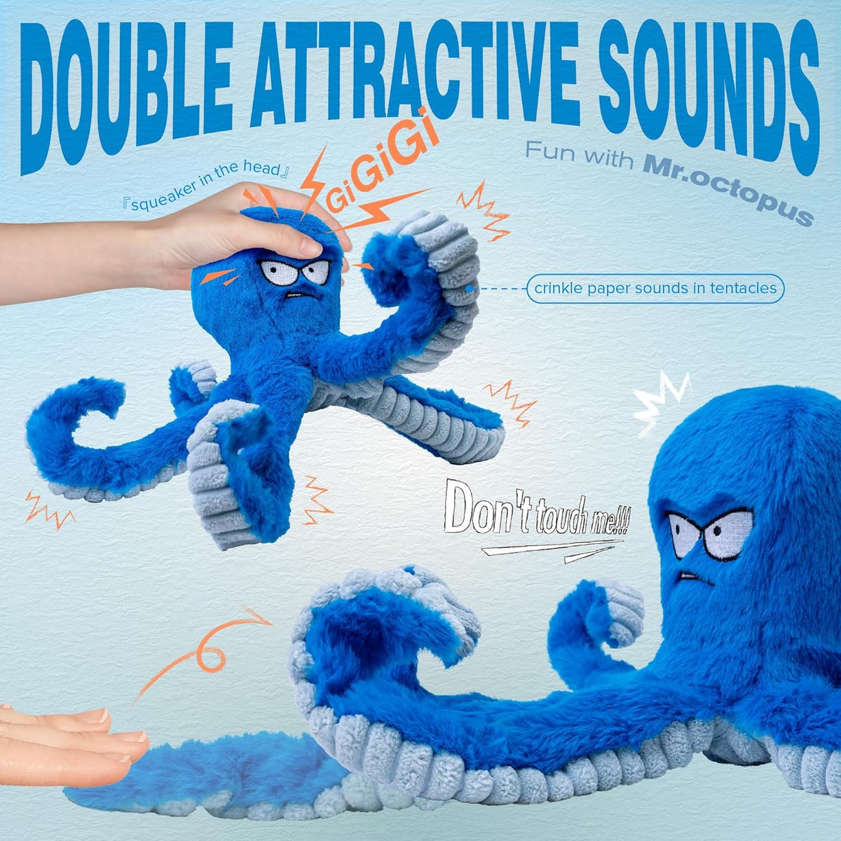 LEGEND SANDY interactive squeaky doggie toy showing durable double-stitched seams and six tentacles