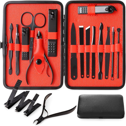 Qlne 15 piece stainless steel manicure kit front view