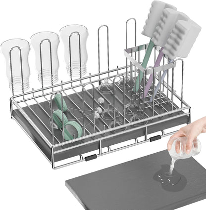 Chilinii stainless steel baby bottle drying rack front view on kitchen counter