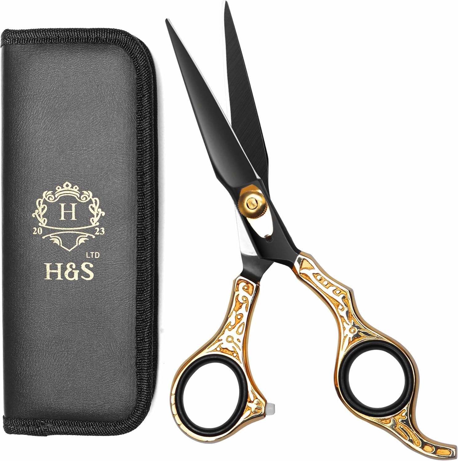 H&S GoldBlack Series professional hair cutting scissors front view showcasing matte black blades and gold ornate handles.