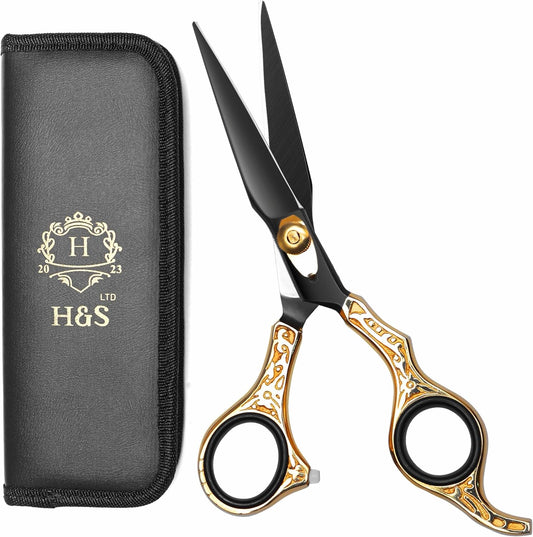 H&S GoldBlack Series professional hair cutting scissors front view showcasing matte black blades and gold ornate handles.