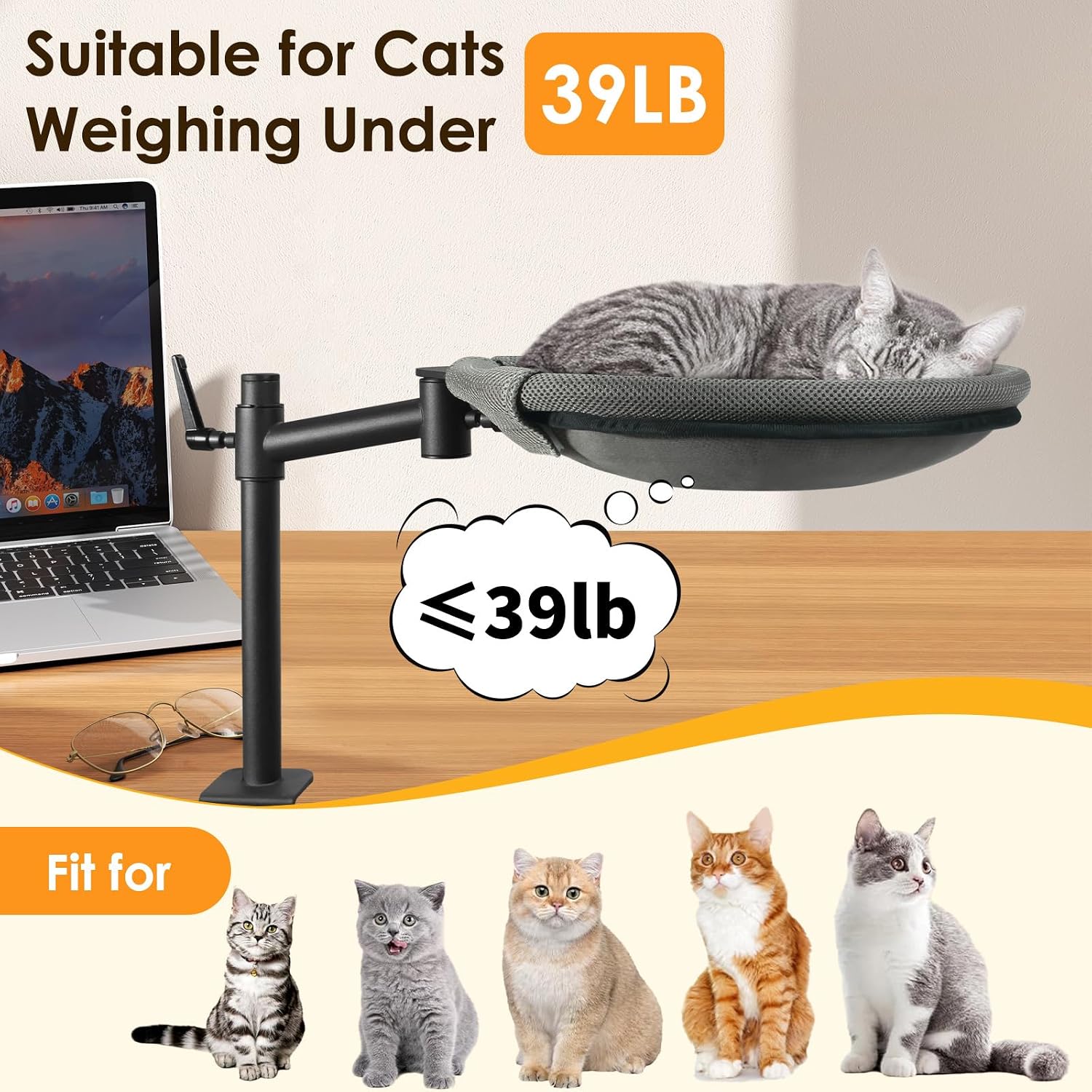 Side view of Crazydeer cat desk bed with rotating arm
