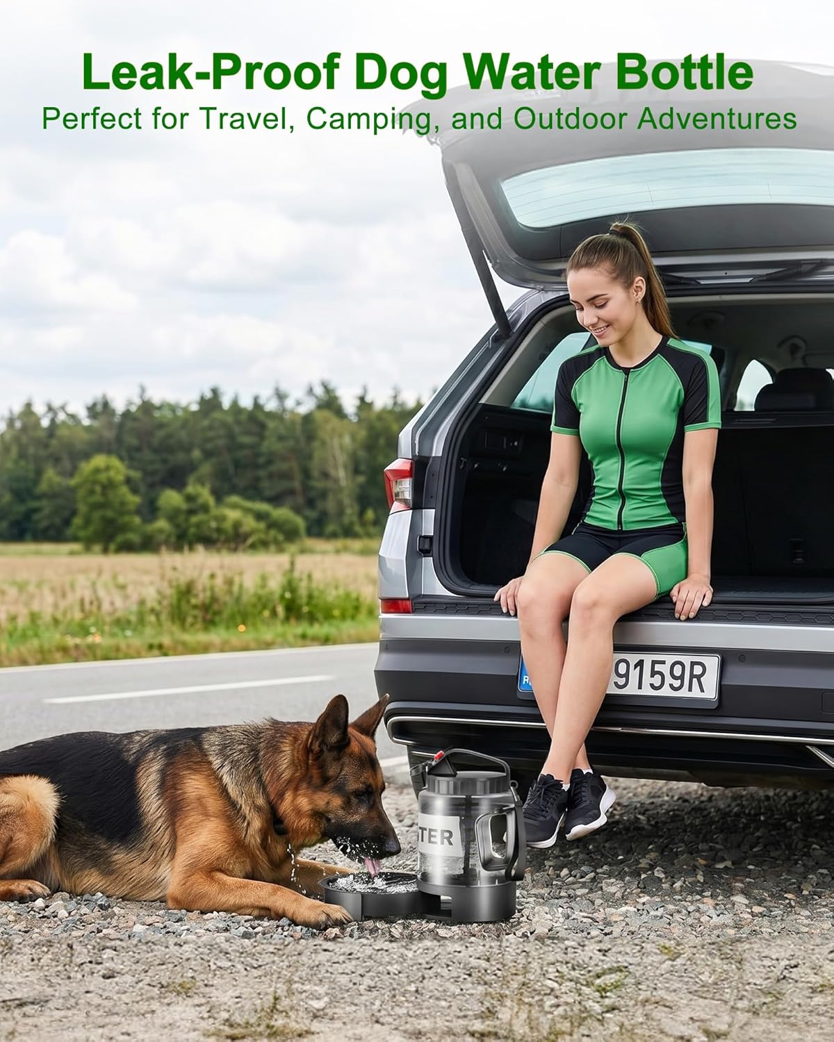 Black portable dog travel bowl and bottle setup ready for hiking adventures.
