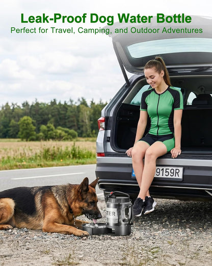 Black portable dog travel bowl and bottle setup ready for hiking adventures.