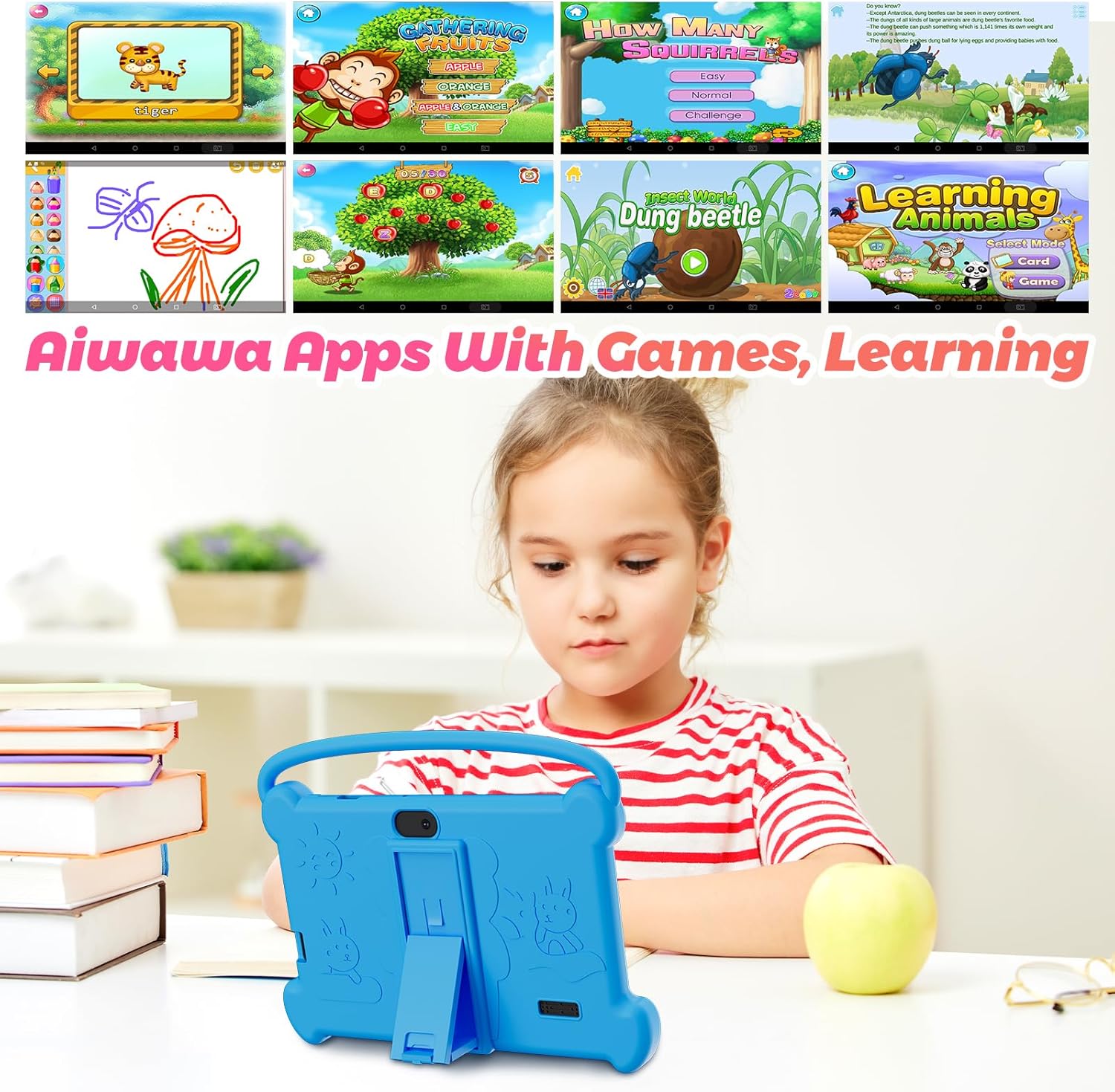 DIGITHINK 4GB RAM children tablet displaying the pre-loaded iWawa learning application interface for young toddlers.