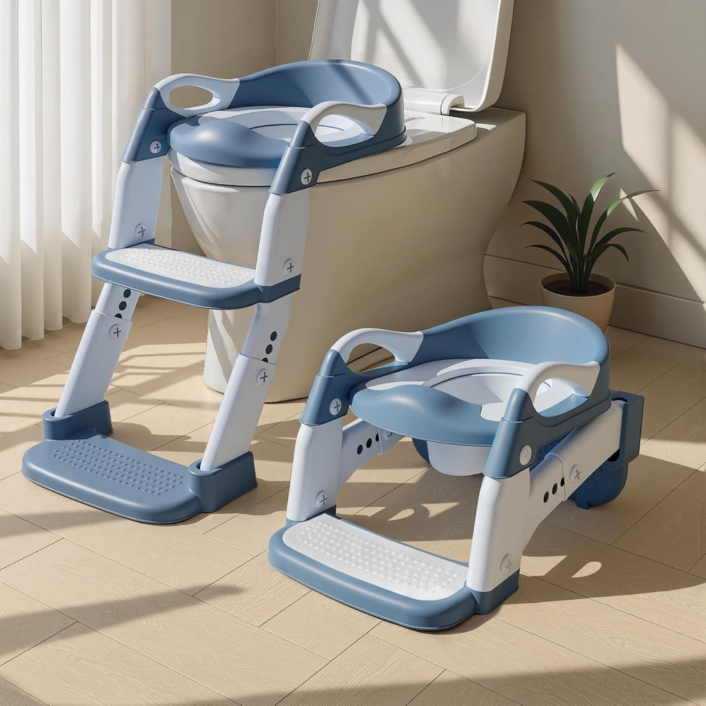 Wanchouse 3-in-1 potty training seat front view with grey cushion and height adjustable ladder steps.