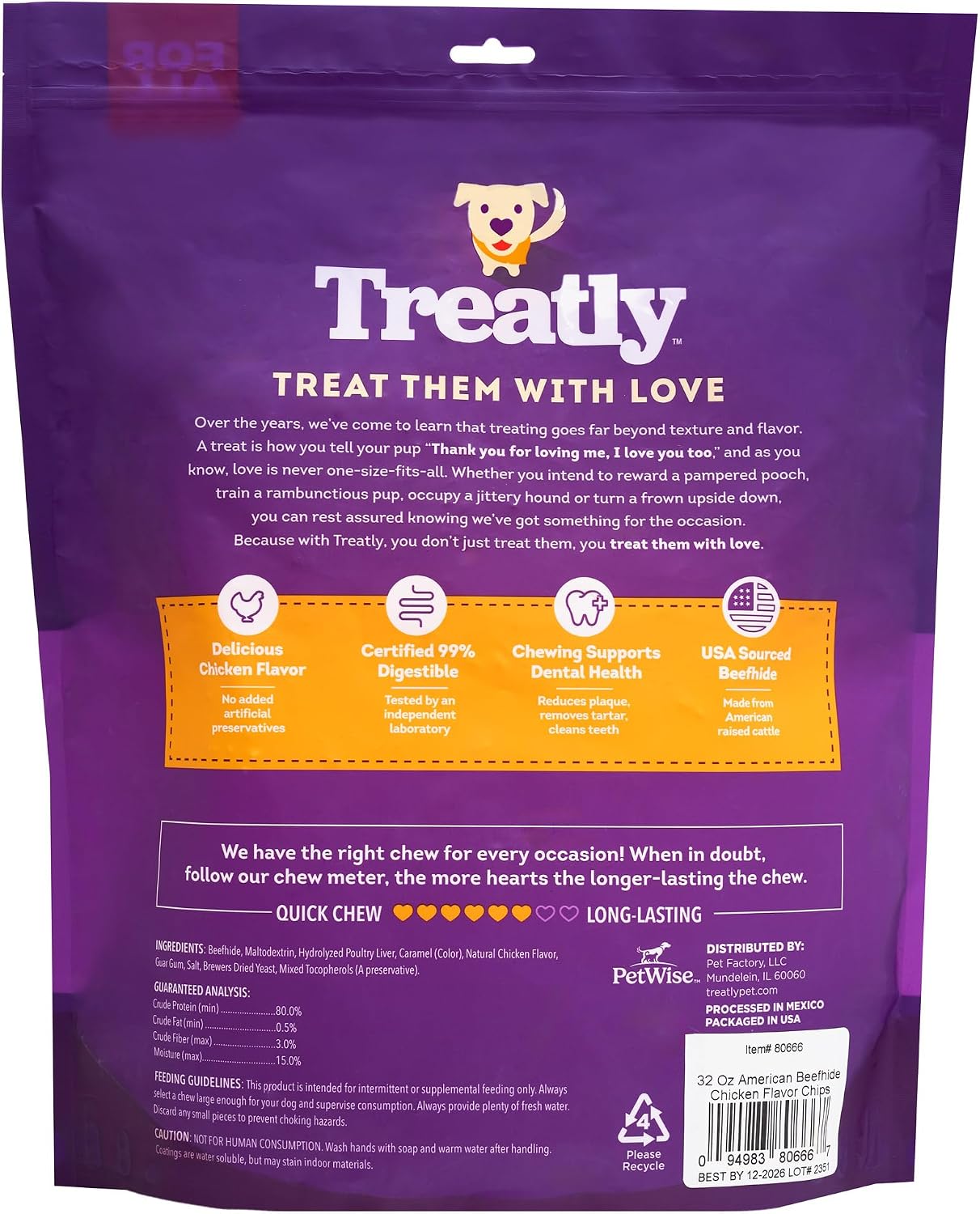 Pet Factory chicken flavor rawhide dog treats premium thick beef shavings.