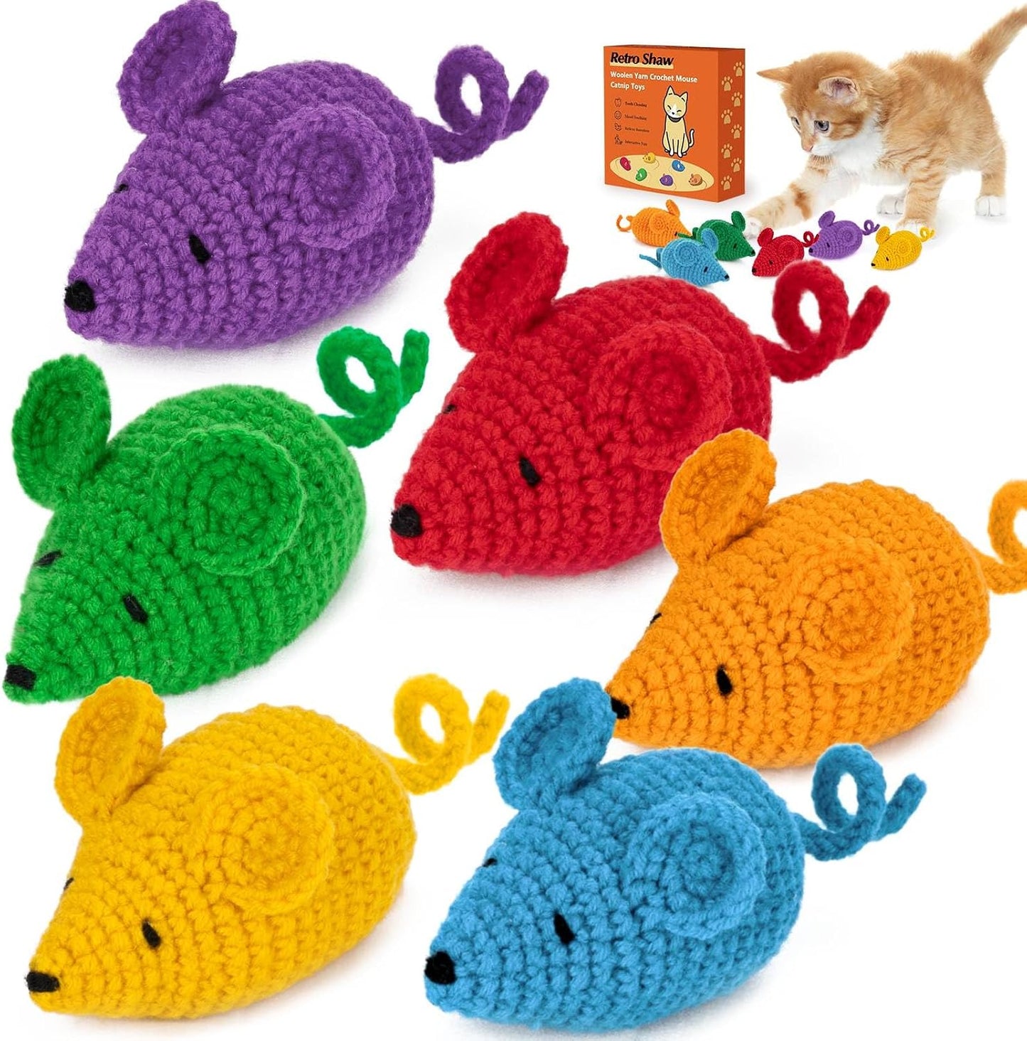 Retro Shaw Catnip Toys Crochet Mice Cat Toys, 3 Pcs Durable Yarn Cat Mouse Toys for Indoor Cats, Stuffed with Natural Catnip & Silvervine Blend, Handmade Interactive Kitten Chew Toy for Teeth Cleaning - Image 10